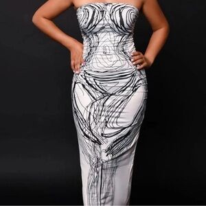 NWT Micas Strapless White and Black Abstract Bodycon Dress Medium